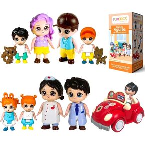 FUNERICA Doll House People Figures Playset - Adorable Dollhouse Family with Parents, Siblings, Doctor, Nurse, Pets & Car - Cute Little People Dollhouse Accessories Set