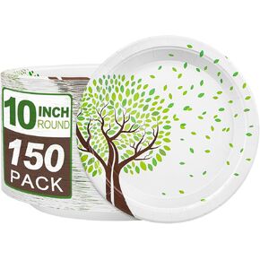 Unves 10 Inch Paper Plates, 150 Count Green Life Tree Printed Disposable Plates, Cut-Proof & Soak-Proof Coated Heavy Duty Paper Plates Family Gatherings, Parties, Picnic and So On