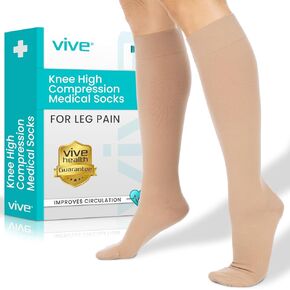 Vive Medical Compression Stockings - 20-30 mmHg Knee High Socks for Varicose Veins - Support Stockings for Women/Men - Compression For Anti Embolism, Post Surgery, Swelling, Soreness (Black, Beige)