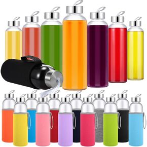 Vesici 12 Set 18 oz Clear Glass Water Bottles, Reusable Glass Juicing Bottles with Colorful Protection Sleeve and Stainless Steel Leak Proof Lids for Milk Smoothie Juice Beverage Tea