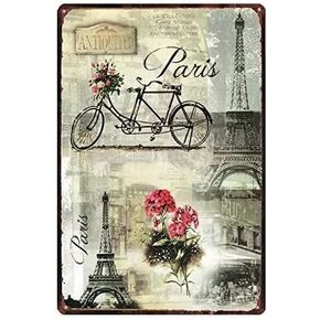 Krouterebs Retro Metal Tin Sign Beautiful Flowers Bicycle Bike Eiffel Tower in Paris Rustic Tin Sign for Street & Home Bar Club Kitchen Restaurant Wall Art Decor Plaque Signs 8"x 12"