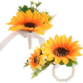 Artificial Sunflower Boutonniere, Bride and Groom Sunflower Wrist Corsage Set for Formal Parties and Weddings (1Pcs Bride Wrist Flower and 1Pcs Groom Corsage)