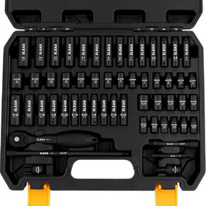 1/4'' Drive Impact Socket Set - 56-Piece Shallow & Deep Socket Set Metric and Standard Full with Universal Joint, Extension Bar, 3/8 to 1/4 Reducer, Hex Shank Socket Adapter, Ratchet Handle