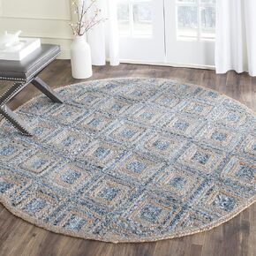 SAFAVIEH Cape Cod Collection 8' Round Natural / Blue CAP354A Handmade Flatweave Diamond Braided Jute & Denim Area Rug