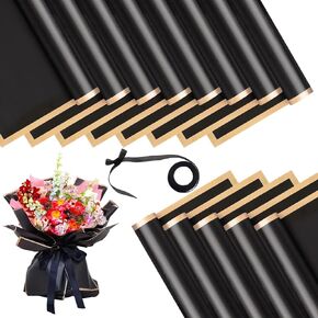 Xanllaxa 60 Sheets Flower Wrapping Paper,Waterproof Wrapping Paper with Ribbon,Black Gold Edge Paper for Valentine's Day,Anniversaries,Florist Bouquet Supplies(22.8 * 22.8 Inches)