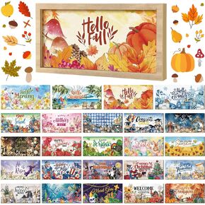 25 Pcs 9.7 x 4.8" Interchangeable Season Sign Interchangeable Welcome Sign for Table Decorative Wooden Season Sign Decor with a Wooden Frame Wreaths Holiday Decor for Fall Autumn Gifts
