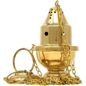 Small Brass Censer with Chain, High Polished Hanging Church Thurible, 4 Inches