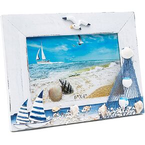 JANOU Mediterranean Photo Frame Boat Wooden Picture Frame Wooden Photo Frame Holder for Nautical Beach Themed Home Coffee Shop Decoration, 6x4 Inch