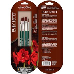 Silver Brush Limited RSS-2540S Ruby Satin Expressive Painting Set, Set of 4 Brushes, Round Size 2/0, Triangle Size SXM, Filbert Size 10, and Angular 1/2 Inch