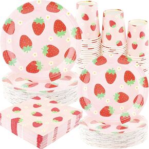 Strawberry Party Tableware Set - 200PCS Birthday Party Supplies Strawberry Disposable Paper Plates Dinnerware Set Dinner Plates Dessert Plates Cups Napkins for 50 Guests Baby Shower Fruit 1st Party