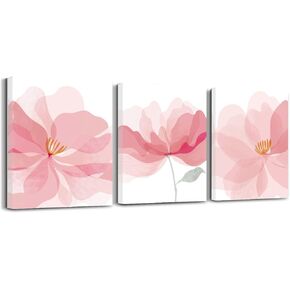 AsmaArt Light Pink Flower Wall Art Prints, Blush Botanical Floral Canvas Paintings, Aesthetic Plant Poster Pictures for Women Girls Bedroom Bathroom Home Room Decor Set of 3 Framed (12x16)