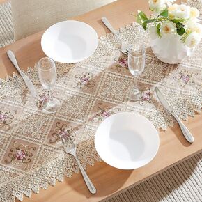 LINENZONE Gold Farmhouse Table Runner with Flower Design. 48 Inch Dining Table Runner for Small Table, Dresser, Coffee Table. Macrame Table Runner for Farmhouse Table Decor. (Viola 16 x 48, Linen)