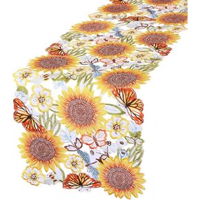 Simhomsen Embroidered Sunflowers and Butterflies Table Runner Dresser Scarf for Spring and Summer (14 x 69 inches)