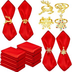 Maxcheck 100 Pcs Christmas Napkin Rings Cloth Set Include Red Washable Christmas Napkins Cloth and Gold Napkin Rings Holder for Holiday Christmas Wedding Party Dinner Table Decoration