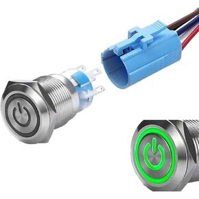 WerFamily Power Symbol 12V Green LED 19mm Latching Push Button Switch 1NO 1NC SPDT ON/OFF Waterproof Stainless Steel Metal Round with Wire Socket Plug