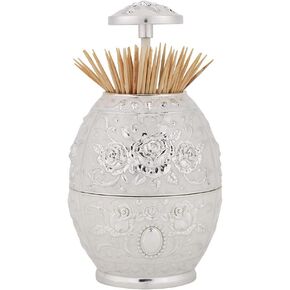 Walfront Metal Zinc Alloy Toothpick Holder Flower Pattern Hand Press Toothpick Dispenser(Silver)