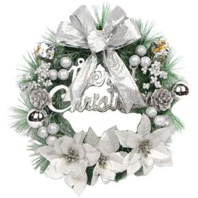 SUPVOX Christmas Wreath Merry Christmas Pine Berries Poinsettia Bow Ball Hanging Decor Front Door Home Wall Window Party Decoration Pendant (Silver) 30cm