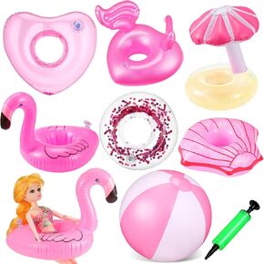 CHENGU 6 Pcs Pool Floaties for Girl Dolls Swim Accessories Set Swimming Pool Floaties Party Ring Girl Dolls Cup Coasters Dolls Pool Toys Doll Pool for 11.5" Dolls Girl Swimming Pool