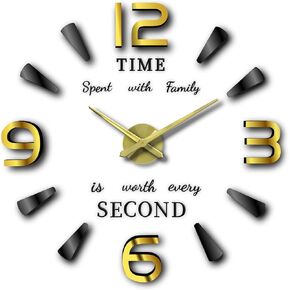 Frameless 3D Analog DIY Wall Clock Adjustable Size Large Modern Sticker Numbers with Dashes Mirror Finish for Home, living room, Bedroom, Office Decoration (Gold, Black)