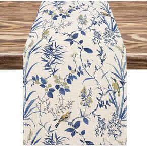 AnyDesign Blue White Floral Table Runner 13 x 72 Inch Watercolor Bird Flower Table Cover Retro Wildflower Dining Table Decoration for Farmhouse Indoor Outdoor Home Party Table Setting Supplies