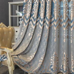 Amidoudou 1 Pair European Sheer Curtains for Living Room Bedroom Embroidered Hollow Luxury Tulle Curtains (Blue,52x96 Inch)