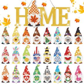Yousoontic 25 Pcs Diamond Art Gnome Interchangeable Wall Decor 13.8 x 6.8 Inch Hanging Magnetic Seasonal Welcome Sign DIY Detachable Decorations or Home Farmhouse Gifts Wall Decorations