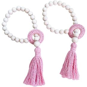 Curtain Tiebacks, Window Curtain Holders with Tassels and Wooden Beads for Bedroom Living Room Dining (Pink)