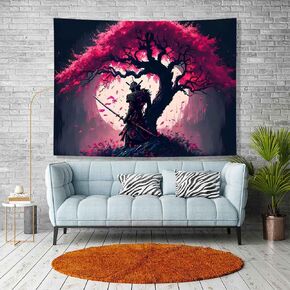 Ine Ive Japanese Samurai Tapestry for Bedroom Aesthetic Full Moon Cherry Blossom Tree Warrior Asian Oriental Room Wall Tapestry 60x40 Inches Japan Art Tapestry for Dorm Office Home Decor GTDWIE0301
