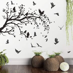 Black Tree Branch Wall Stickers Flying Birds Scenery Wall Decal Art Peel and Stick Vinyl Wall Murals Home Décor for Living Room Kids Room Playroom Classroom Office Nursery Wall Decor