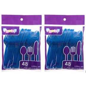 Blue Heavy Duty Plastic Cutlery Sets - 32 Spoons, 32 Forks, 32 Knives - 2 packs of 48 each, 96 pcs total