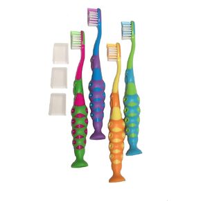 Secret for Longevity 4-Pack of Kids Childrens Toddler Child BPA Free Toothbrush (3-8 Year Old) Extra Soft Easy Grip w/Suction Base and Travel Dust Covers