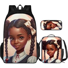 African Princess Girl Backpack with Lunch Bag Set for Kids Afro Angel Girl Book Bag for Boys Girls Lightweight School Bag with Lunch Bag and Pen Bag for Children Bookbag