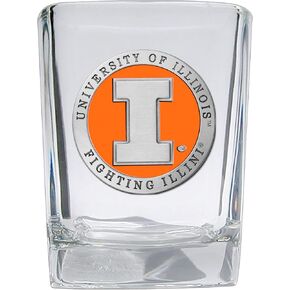 Illinois Square Shot Glass | Hand-Sculpted 1.5 Ounce Shot Glass | Intricately Crafted Metal Pewter Alma Mater Inlay