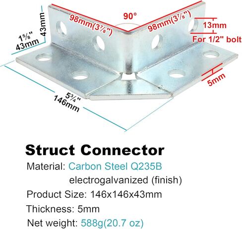 2 قطعة زاوية قائمة، موصل ممدود لهياكل قناة تبختر 1-5/8 بوصة، قبول مسمار 1/2 بوصة، سمك 5 مم، دعامات دعامة الكوع 90 درجة in Kuwait
