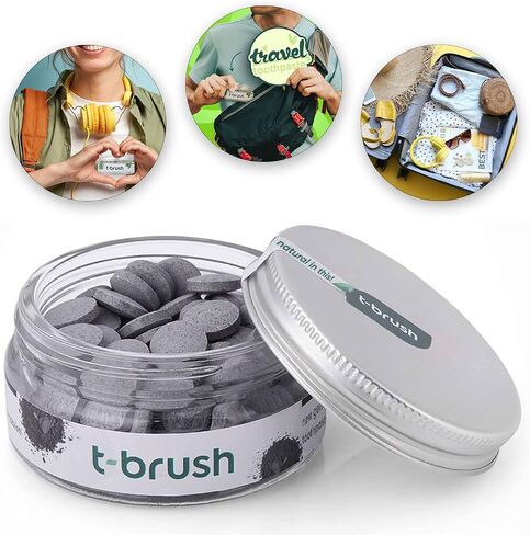 T-brush Whitening Travel Toothpaste Tablets - Natural Ingredients, SLS Free, Gluten Free, Cruelty Free, Eco Friendly Packaging, Vegan - 90 Tablets (Activated Charcoal, Fluoride Free) in Saudi Arabia