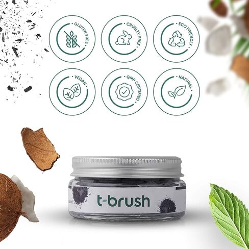 T-brush Whitening Travel Toothpaste Tablets - Natural Ingredients, SLS Free, Gluten Free, Cruelty Free, Eco Friendly Packaging, Vegan - 90 Tablets (Activated Charcoal, Fluoride Free) in Saudi Arabia