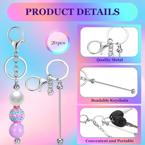20 Pcs Beadable Keychain Bars Metal Beaded Blank Keychains Charms DIY Keychain Supplies Bulk for DIY Pendant Jewelry Making Projects Crafts Office School Accessories (Silver, Gold) in Kuwait
