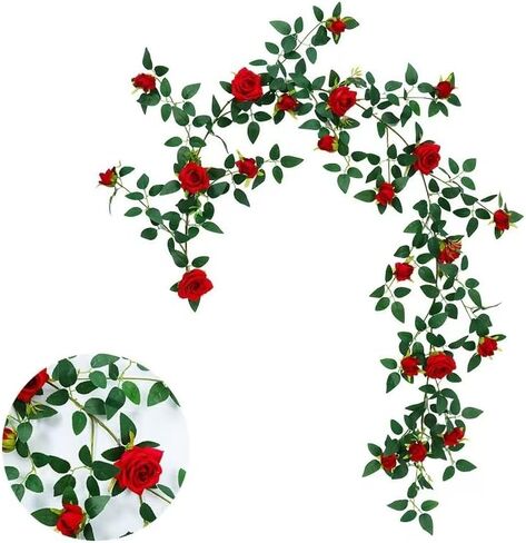 Realistic Artificial Rose Vine for Indoor Outdoor Wall Home Room Garden Wedding Summer Porch Terrace Balcony Decor Garland Artificial Hanging Flower(red) in Saudi Arabia