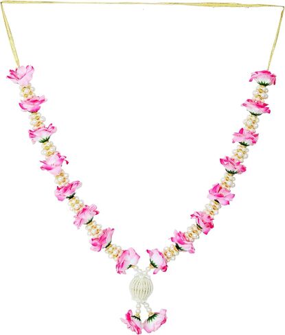 Artificial Mala Rose Flowers Ribbon Garland Haar Mala for Idol-Mala with Beads for God Statues Accessories Pooja Sringar Articles Ornament for Indian Traditional Festival Decoration(Size:-14")(Pink) in Saudi Arabia