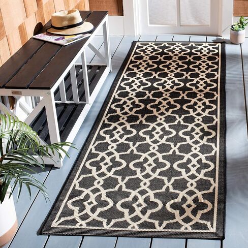SAFAVIEH Courtyard Collection Runner Rug - 2'7" x 8'2", Black & Beige, Non-Shedding & Easy Care, Indoor/Outdoor & Washable-Ideal for Patio, Backyard, Mudroom (CY6071-266) in Saudi Arabia