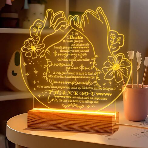 Bestie Gifts ضوء ليلي LED من القلب لأفضل صديق - هدايا عيد ميلاد Bestie - مصباح يعمل بمنفذ USB مع تصميم Pinky Promise ورسالة مؤثرة - قاعدة خشبية - هدية صداقة مثالية لديكور المنزل in Kuwait