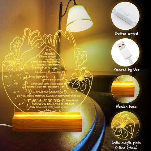 Bestie Gifts ضوء ليلي LED من القلب لأفضل صديق - هدايا عيد ميلاد Bestie - مصباح يعمل بمنفذ USB مع تصميم Pinky Promise ورسالة مؤثرة - قاعدة خشبية - هدية صداقة مثالية لديكور المنزل in Kuwait