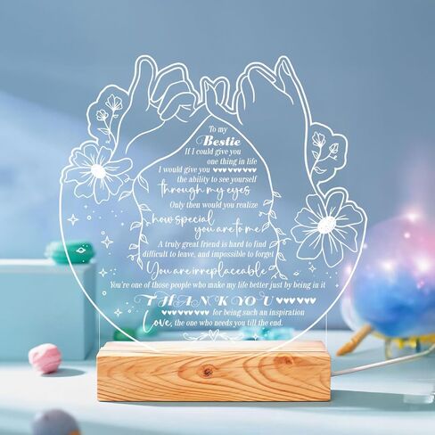 Bestie Gifts ضوء ليلي LED من القلب لأفضل صديق - هدايا عيد ميلاد Bestie - مصباح يعمل بمنفذ USB مع تصميم Pinky Promise ورسالة مؤثرة - قاعدة خشبية - هدية صداقة مثالية لديكور المنزل in Kuwait