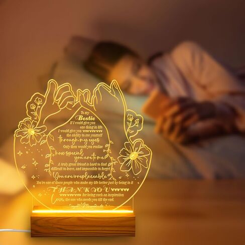Bestie Gifts ضوء ليلي LED من القلب لأفضل صديق - هدايا عيد ميلاد Bestie - مصباح يعمل بمنفذ USB مع تصميم Pinky Promise ورسالة مؤثرة - قاعدة خشبية - هدية صداقة مثالية لديكور المنزل in Kuwait