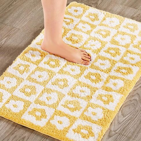 Cute Floral Checkered Bath Mat Non Slip Rubber Backed 16’’W x 24’’L, Vibrant Yellow Geometric Checkerboard Daisy Flower Boho Bathroom Rugs Shaggy Absorbent Shower Floor Mat Machine Washable in Saudi Arabia