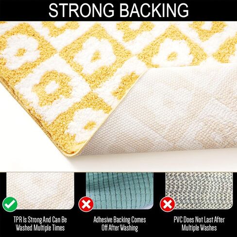 Cute Floral Checkered Bath Mat Non Slip Rubber Backed 16’’W x 24’’L, Vibrant Yellow Geometric Checkerboard Daisy Flower Boho Bathroom Rugs Shaggy Absorbent Shower Floor Mat Machine Washable in Saudi Arabia