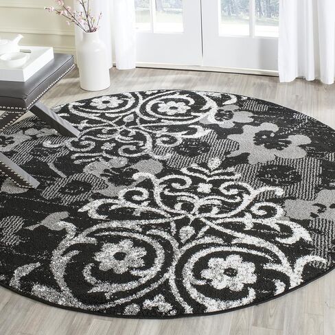 SAFAVIEH Adirondack Collection 4' Round Black / Silver ADR114A Floral Glam Damask Distressed Non-Shedding Dining Room Entryway Foyer Living Room Bedroom Area Rug in Saudi Arabia