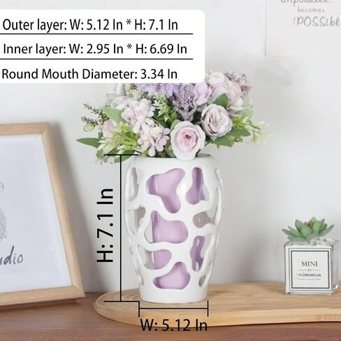 Unique Bilayer Cut Out Decorative Centerpiece Vases Boho Ceramic Flower Vases for Home Decoration Modern Vase Decor (Purple Inside and White Outside) in Saudi Arabia