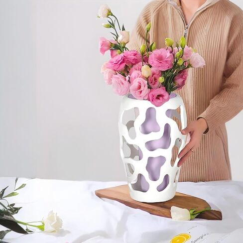 Unique Bilayer Cut Out Decorative Centerpiece Vases Boho Ceramic Flower Vases for Home Decoration Modern Vase Decor (Purple Inside and White Outside) in Saudi Arabia