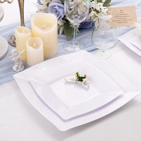 أطباق بلاستيكية مربعة بيضاء من Morejoy 60 قطعة - أطباق عشاء بيضاء للاستعمال مرة واحدة مقاس 10.5 بوصة - طبق مقبلات أبيض فاخر - طبق حلوى/سلطة أبيض مقاس 9 بوصات لحفلات الزفاف وأعياد الميلاد وعيد الفصح وعيد الأم in Kuwait